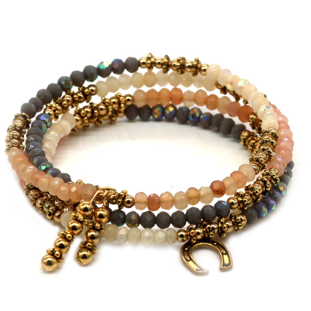 Memory Wire Bracelet With Pink And Gray Bead Combination With A Charm.